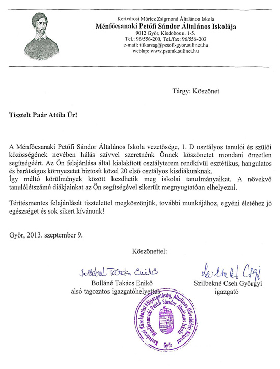 Ménfőcsanaki Petőfi Sándor Általános Iskola támogatása