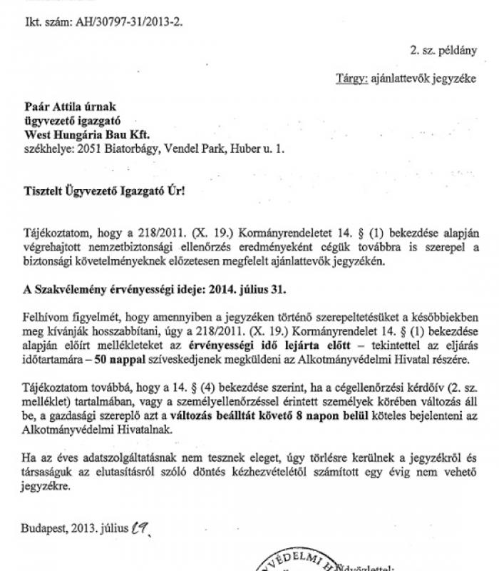Státusz hosszabbítás az Alkotmányvédelmi Hivataltól